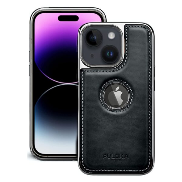 Chrome Leather Back Case - Compatible with iPhone - Luxury Bumper Case - Flexible Vegan Leather - Electroplated Sides & Logocut - Full Camera Protetection & Raised Edges - Classic Black